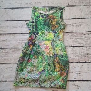 Zara Trafaluc Green Pink Abstract Floral Print Cotton Blend Chain Detail Dress M